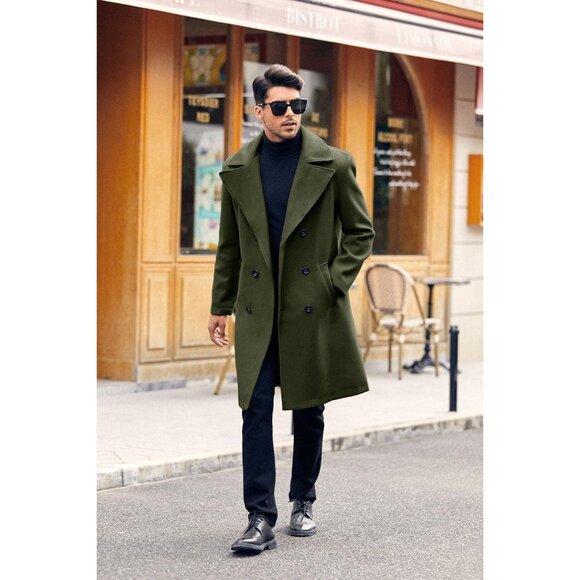 Men's Army Green Double Breasted Trench Coat Collar Business Winter Long Coats - Picture 3 of 5